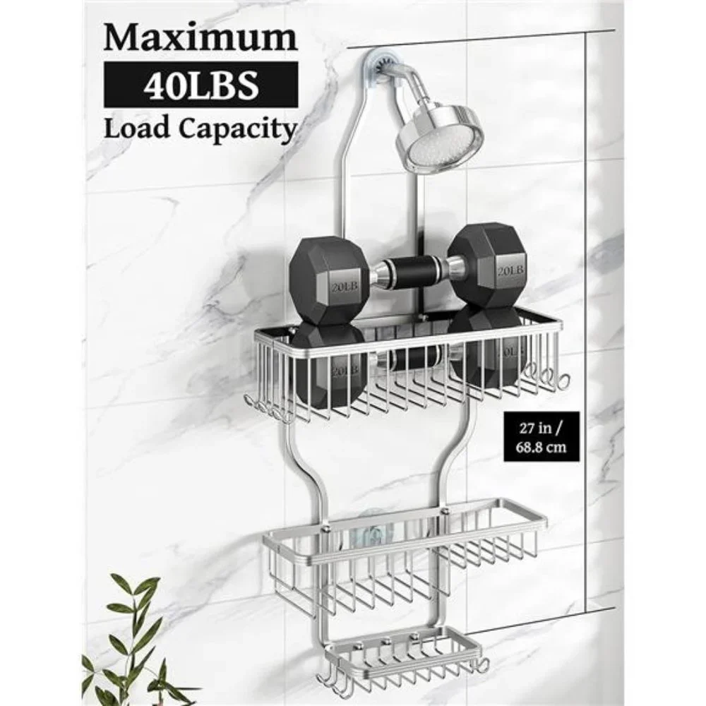 Hanging Shower Caddy Over Shower Head with 10 Hooks for Razor/Sponge Soap Basket